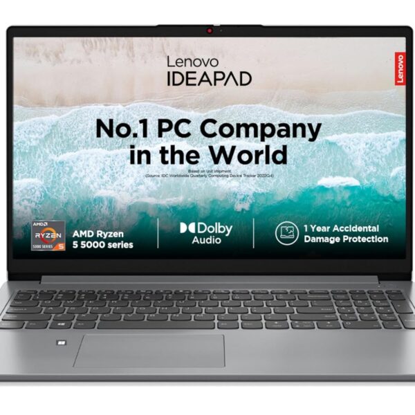 Lenovo IdeaPad 1, AMD Ryzen 5 5500U, 8GB RAM, 512GB SSD, FHD, 15.6"/39.62cm, Windows 11, MSOffice 2021, Grey, 1.6Kg, 82R400BRIN, Integrated AMD Graphics, HD Camera, 1 Year ADP Free, Thin &Light Laptop
