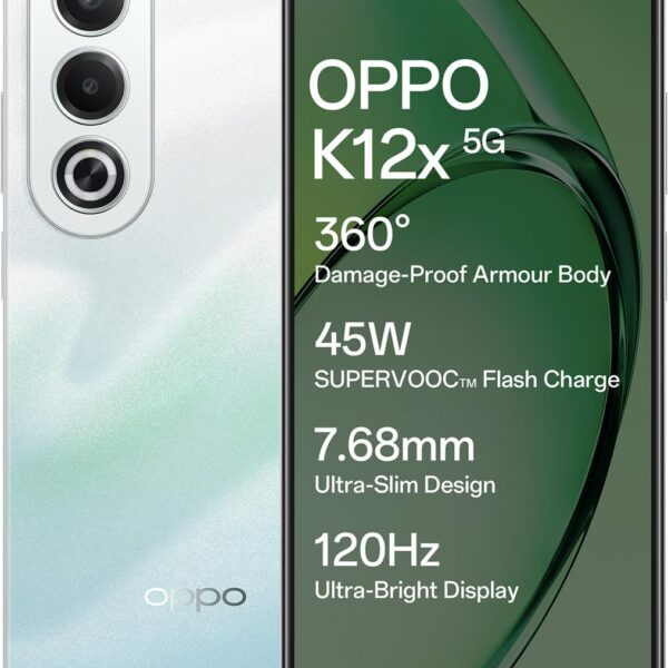 Oppo K12x 5G Smartphone (8GB RAM + 256GB Storage) | 16.94cm LCD Display, 5100mAh Battery | 45W SUPERVOOC Flash Charge | 360° Damage-Proof Armour Body | Charger in The Box (Breeze Blue)