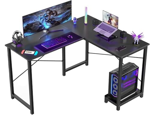 Callas L Shaped Computer Desk - Gaming Corner 50 Inch PC White Writing Study Student Table with Wooden Desktop CPU Stand for Home Office Room Small Space, Black