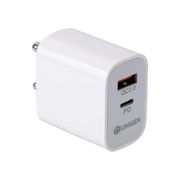 UNIGEN® PD QC 20W 2 in 1 Dual Port Wall Charger Type C Adapter for iPhone 16/15/15 Plus/15 Pro/15 Pro Max, 14/14 Plus/14 Pro/Max, 13/12 Series PD 3.0 Multiple Protection Fast Charging BIS Certified