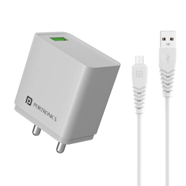 Portronics Adapto One M,18W 3A Fast Charging Adaptor,Comes with 1M Micro USB Cable Single Port Wall Charger for Iphone11/Xs/Xs Max/Xr/X/8/7/6/Plus,Ipad Pro/Air 2/Mini 3/Mini4,Samsung S4/S5&More,White