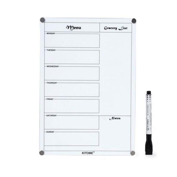 KITOME Magnetic Weekly Meal Planner for Fridge, Acrylic to Do List for Fridge with Marker Easy to Clean Dry Erase Menu White Board for Kitchen - 30x21CM, Magnetic Grocery List for Fridge.