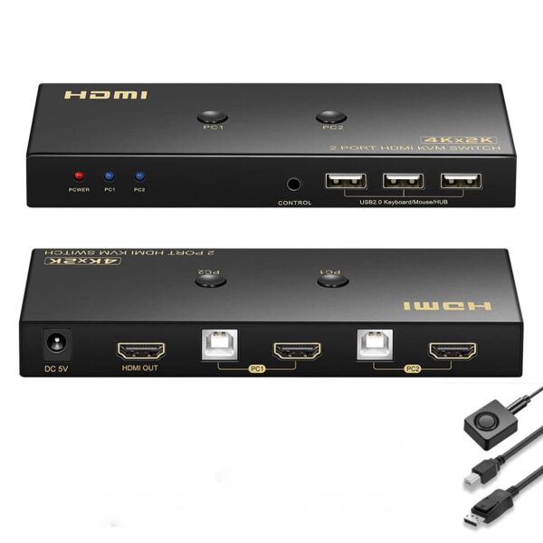 ETZIN KVM Switch for 1 Monitor 2 Computers, DisplayPort DP Share USB 2.0 Devices With 3 USB Hub, 4K@60Hz, 2K@144Hz, 2K@120Hz, Extension Control/2 DP Cable/2 USB Cable