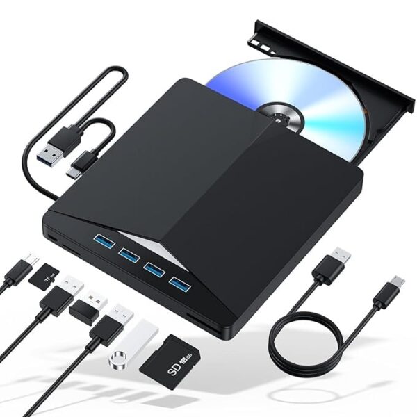 GR Deals External CD/DVD Drive, 7 in 1 USB 3.0 DVD Player for Laptop, CD ROM Disk Drive Portable CD/DVD Burner Compatible with Laptop, Desktop PC, Windows 11/10/8/7, Lin-UX, Mak OS (Black)