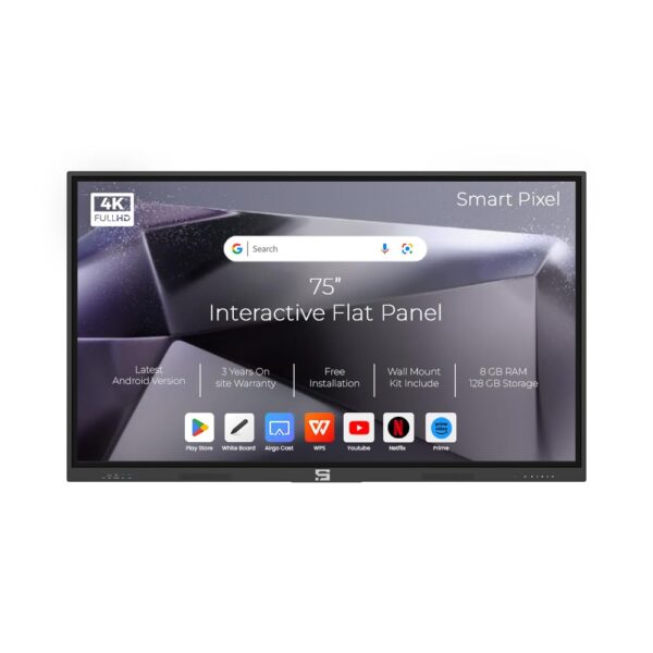 Smart Pixel 75 Inches 4K UHD Touch Screen UltraTouch Display Interactive Flat Panel Monitor 3840 x 2160 Pixels Android 14 Ideal for Schools,College,Institute,Home&Office|8GB 128GB|