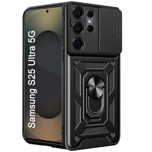 TheGiftKart Tough Armor Bumper Back Cover Case for Samsung Galaxy S25 Ultra 5G | Sliding Camera Cover, Kickstand & Ring Holder | 360° Protection Back Cover for Samsung S25 Ultra 5G (PC & TPU, Black)