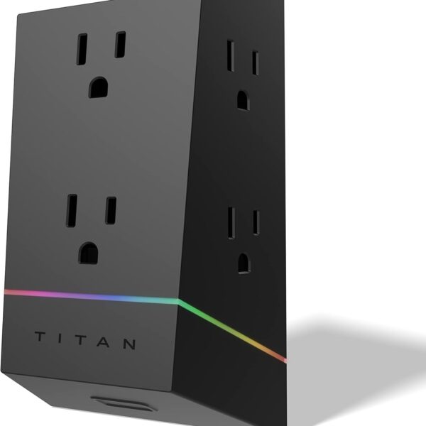 Titan 6-Outlet Surge Protector, LED Light Strip with Full Spectrum Color-Select, Outlet Extender, Compatible with Power Gaming PC, Laptop, Computer Setup, PS4, PS5, Xbox, Black, 57365