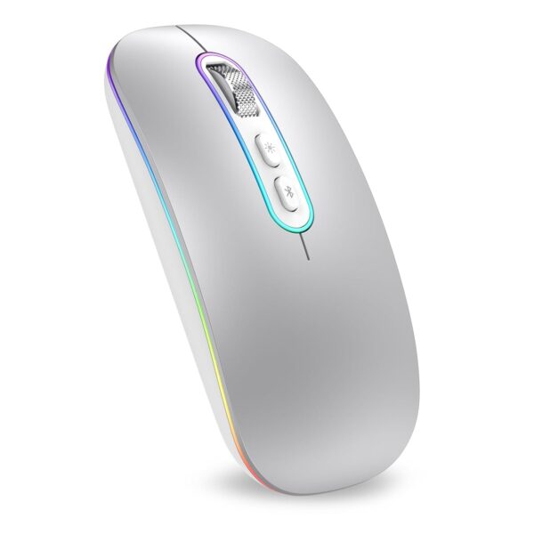 cimetech Dual Mode (BT 5.1+2.4G) Wireless Mouse for Laptop, 1200 DPI Portable Lightweight Rechargeable Mouse with LED Lights, Compatible with Mac OS/Windows/Chrome OS - Silver