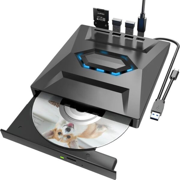 GR Deals External CD DVD Drive for Laptop, USB C Portable CD/DVD +/-RW Burner, DVD Player with SD Card Reader & USB 3.0 Type C Hub - Compatible with Laptop, Desktop, PC, Windows, Linux. Black.