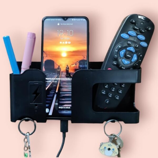 GEOCARTER Wall Mobile Holder | Multi-Purpose Mobile Stand for Wall | Remote Holder & Mobile Charging Stand | Wall Phone Holder for Charging | Kitchen Organizer Rack Wall Mounted | Useful Gadget-Black