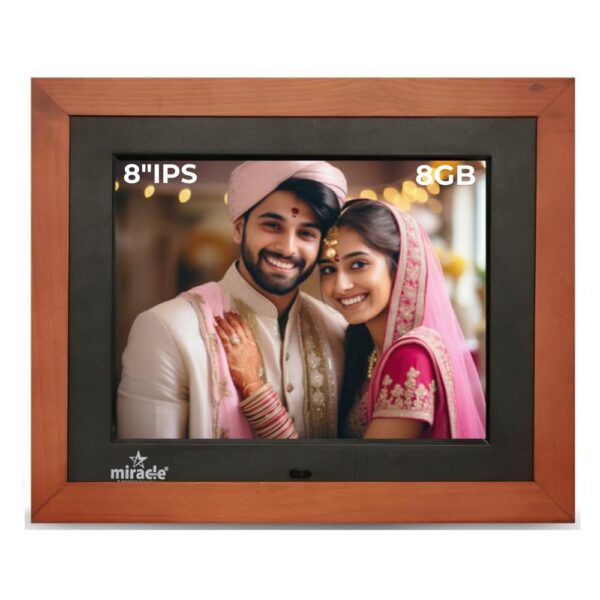 Miracle Digital 8'' IPS HD Wooden Digital Photo Frame | 8GB Memory, 2GB RAM, 32GB Expandable, USB & SD Support, 180° Wide Angle, Stereo Sound | Slideshow for Photos, Videos & Music - Wooden Dark