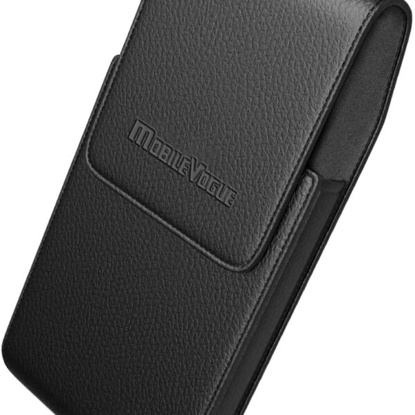 Mobile Vogue by Reiko Premium Eco-Friendly Leather Phone Pouch Belt Clip Holster Compatible with iPhone/Galaxy/Stylo/Android Phone with Protective Case on (Black-MV385, 6.6 x 3.5 x 0.7 in)