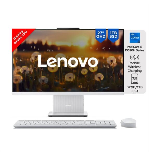 Lenovo IdeaCentre AIO Intel Core i7 13620H 27" QHD IPS 3-Side Edgeless All-in-One Desktop (32GB/1TB SSD/Win11/Office 21/5.0MP+IR Camera/3Wx2 Harman Speakers/Wireless EOS Keyboard & Mouse), F0HM0067IN