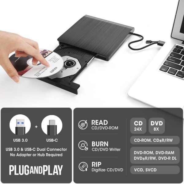 External CD/DVD Drive for Laptop, USB 3.0 CD DVD +/-RW Drive Burner DVD Player, External CD ROM Reader Writer Optical Drive Compatible with Laptop PC Mac MacBook Windows 11/10/8.1/7 Linux