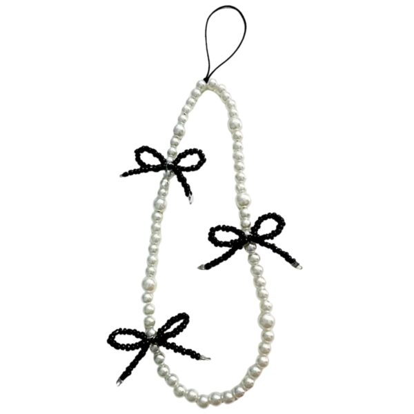 SNOWYS SHOP Korean Bow Beaded Phone Charm for Girls – Cute Lanyard Hanging Keychain Metal Mobile Accessory for Women