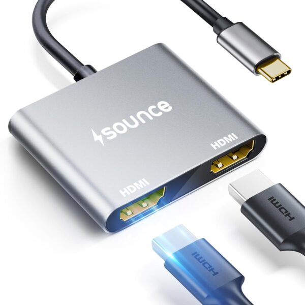 Sounce Type C to Dual HDMI Adapter 4K@60hz, Type C to HDMI Splitter for 2 Monitors, (Thunderbolt 3/4) USB C to Dual HDMI Hub Extend Display for MacBook Air/Pro, Dell XPS, Surface, Chromebook