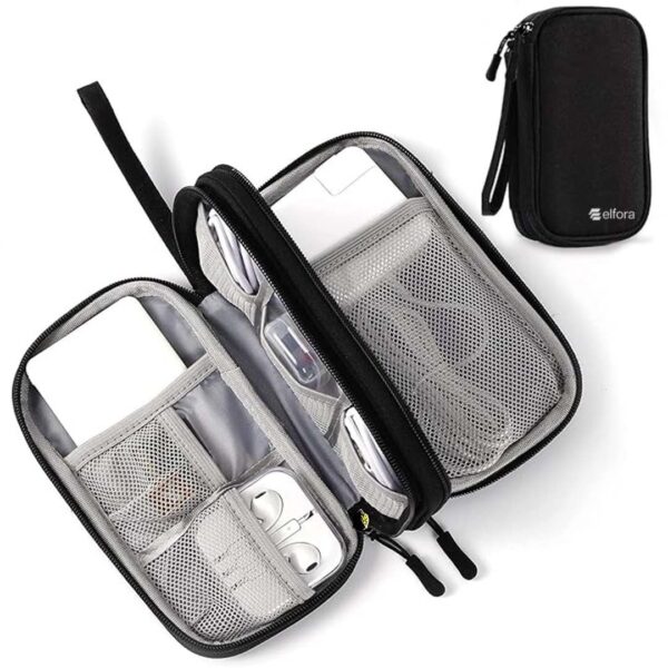 Elfora Cable Organizer Pouch | Travel Organiser Bag | Double Layer Storage for USB Cables, Chargers, Earphone, Power Bank, Hard disc & Other Accessories | Durable Nylon Case with Mesh Pockets (Black)