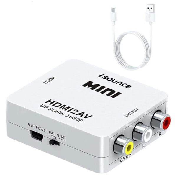 Sounce HDMI to RCA, AV, 1080P HDMI to 3RCA CVBS AV Composite Video Audio Converter Adapter Supports PAL/NTSC with USB Charge Cable for PC Laptop HDTV DVD - White