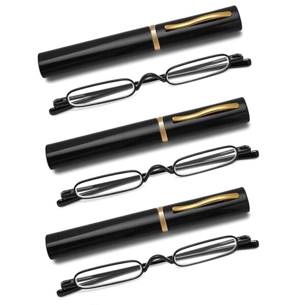 OWTXIS 3 Pack Mini Slim Pen Reading Glasses - Compact Readers with Pen Clip Case Spring Hinge Metal Frame Eyeglasses