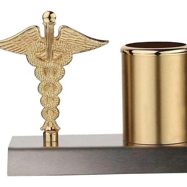 ZAHEPA Pen Stand For Doctors With Caduceus Symbol, Gifts For A Medical Student, Office Accessories, Desk Organiser In Gold & Silver Color, Inside