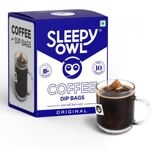 Sleepy Owl Hot Coffee Brew Bags (Original) | Set of 10 Filter bags for Hot Coffee | 100% Arabica Beans | 5-Minute Brew - just add hot water | No Sugar, No preservatives | Proprietary Coffee Bags | Sourced directly from Chikmagalur | Freshly shipped | Drink Black or with Milk