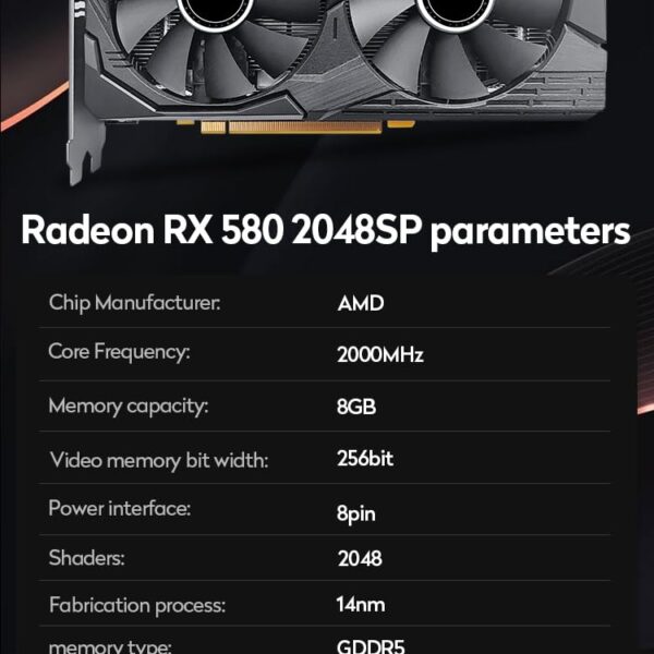 JIESHUO AMD RX580 8G Graphics Card Black, Eight Pin 8Gb Gddr5 Graphics Card with 1X Hdmi 2X Dp for High End Gaming,Rendering and Video Editing(Premium Black Edition)