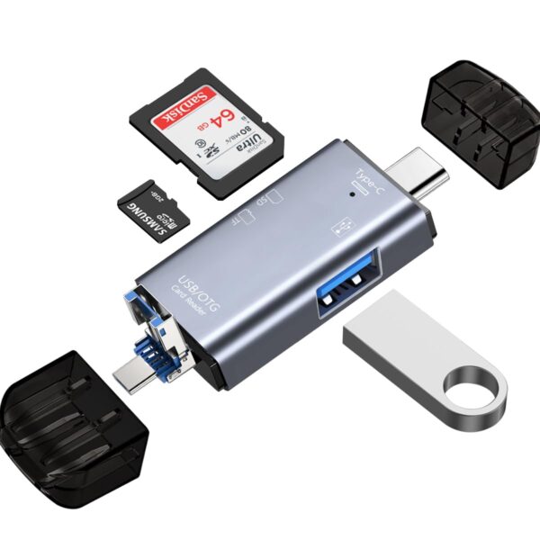 6 in 1 SD & TF Card Reader with Type-C, USB & Micro USB Ports, Portable Memory Card Reader Compatible with TF, SD, SDHC, SDXC, MMC, RS-MMC, Micro SDXC for Computer & Android Phone