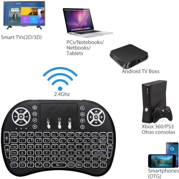 BUYFLUX Bluetooth + 2.4G Wireless Dual Mode Mini Keyboard Remote Control Touchpad Mouse Combo Controller with RGB Backlit for Android TV Box PS3 Smart Phone Tablet Mac Linux Windows OS (I8)