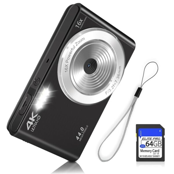 SMARTKLIK Digital Camera,Fhd 1080P 44Mp Digital Camera For Kids Video Camera With 64Gb Sd Card 16X Digital Zoom,Compact Point&Shoot Camera Portable For Kids Boys Girls Teens Students Seniors (Black)