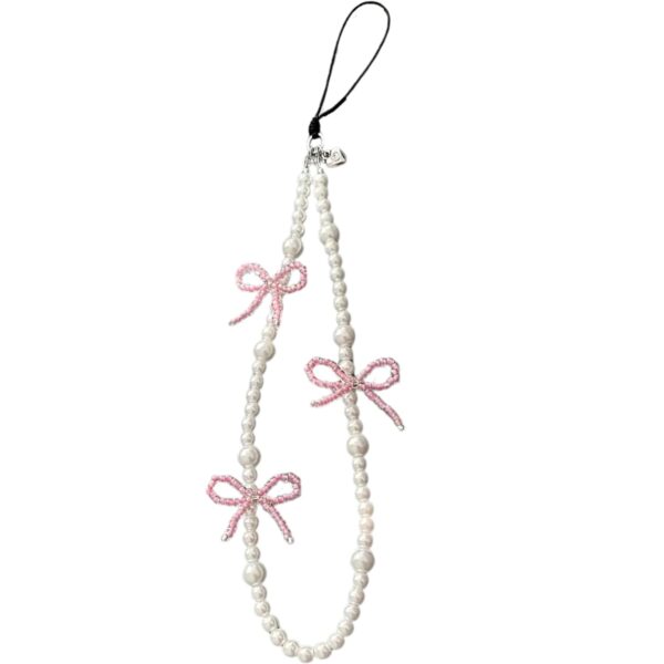 SNOWYS SHOP Korean Bow Beaded Phone Charm for Girls – Cute Lanyard Hanging Keychain Metal Mobile Accessory for Women