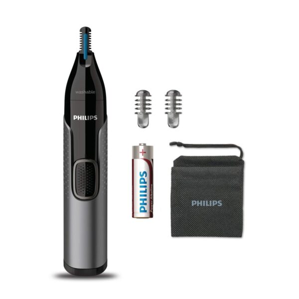 PHILIPS Nose Trimmer Nt3650/16,Cordless Nose,Ear&Eyebrow Trimmer With Protective Guard System,Fully Washable,Including Aa Battery,2 Eyebrow Combs,Pouch (Gray), Unisex