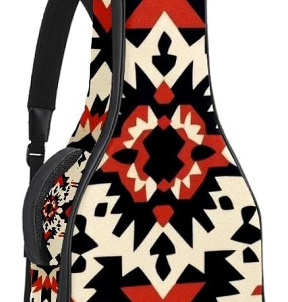 Retro Geometric Shapes Ethnic Indian Style Pattern Acoustic Guitar Bag, Guitar Case Gig Bag 40 41 42 inch with Dual Adjustable Shoulder Strap and Back Hanger Loop