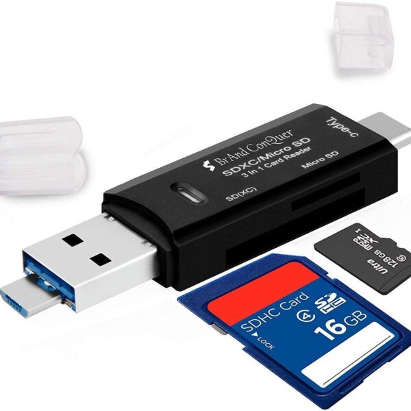 Brand Conquer 3 in 1 SD Card Reader | USB Type C, USB 3.0 and Micro USB, OTG, Memory Card | Portable Card Reader | Compatible with TF, SD, Micro SD, SDHC, SDXC, MMC, RS-MMC, Micro SDXC