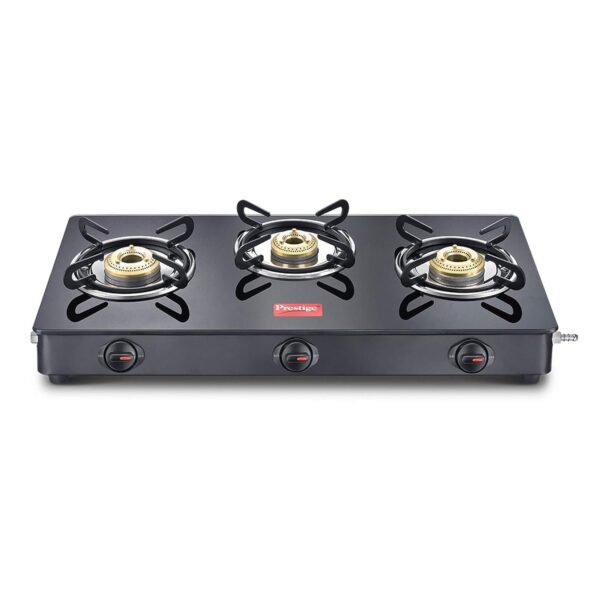 Prestige Magic Toughened Glass-Top 3 Brass Burner Gas Stove | Black | Spill Proof Design | Ergonomic Knob | Tri-Pin Burners | ISI Certified
