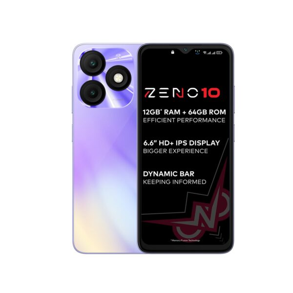 itel ZENO 10|6.6" HD+ Display with Dynamic Bar| 4GB RAM + 64GB ROM, Upto 12GB RAM with Memory Fusion|Octacore Processor|8MP AI Dual Rear Cam|5000 mAh Battery | Opal Purple