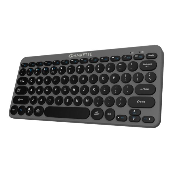 Amkette Optimus BT 4 in 1 Wireless Keyboard/Bluetooth Keyboard, 2.4 GHz & 3X BT 5.0 Connectivity, Compact Keyboard, On/Off Switch, Silent Retro Pop Keys, Shortcut Multimedia Keys - Grey