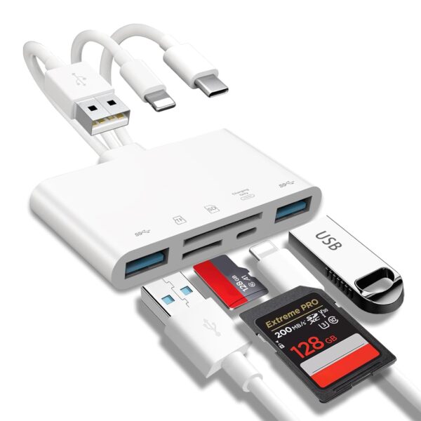 YellowCult 5-in-1 Memory Card Reader for Camera, USB OTG Adapter & SD Card Reader for iPhone 16 15 14 13 iPad Laptop, USB C & USB A Connector with Micro SD & SD Card Slots, Supports Fast Charging