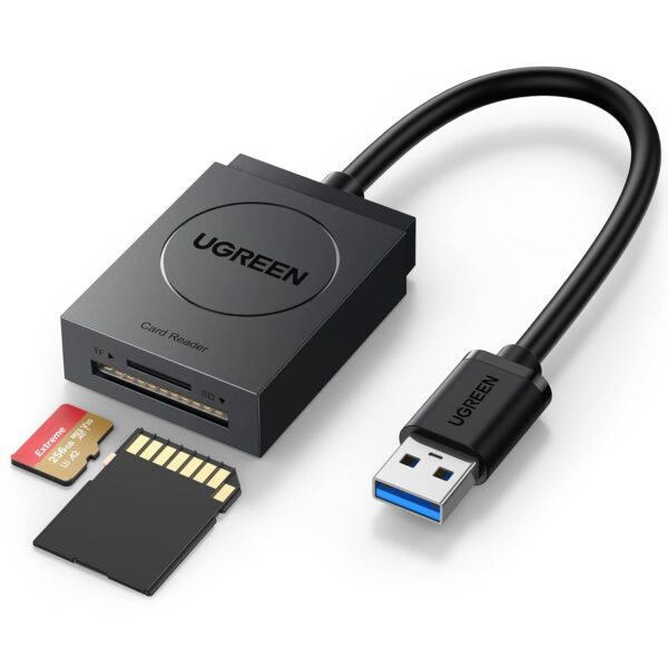 UGREEN SD Card Reader USB 3.0 Dual Slot Flash Memory Card Reader TF, SD, Micro SD, SDXC, SDHC, MMC, RS-MMC, Micro SDXC, Micro SDHC, UHS-I for Mac, Windows, Linux, Chrome, Read 2 Cards Simultaneously