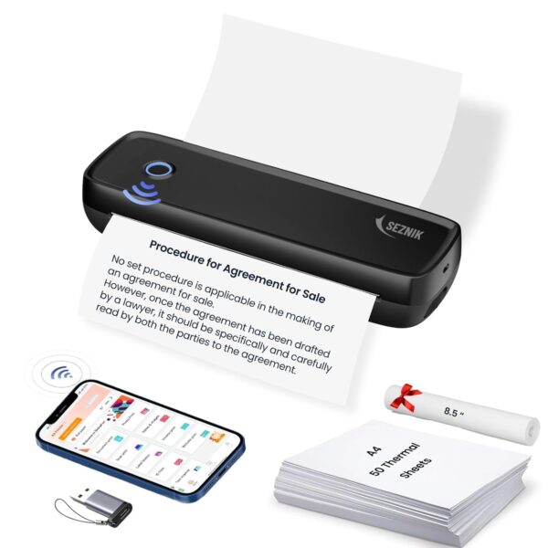 SEZNIK Portable A4 Printer, Bluetooth, Inkless for Professionals,Travel | Mini Printer | USB, Bluetooth Printer Compatible with Android iOS Laptop | 1 Year Warranty (Pro-HD304dpi-Black)