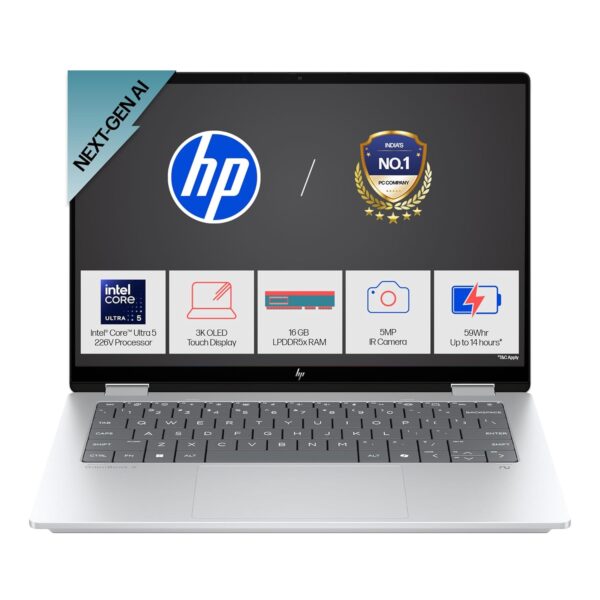 HP OmniBook X Flip (Previously Eny), Intel Core Ultra 5 226V Next Gen AI Laptop, 40 Tops (16GB LPDDR5X,512GB SSD) 3K,OLED,0.2ms,14''/35.6cm Touch, Win11, Office24, Silver,1.38kg, 5MP Camera, fm0058TU