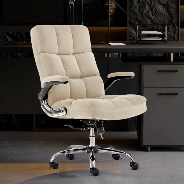 Lakdi The Furniture Co Premium Velvet Fabric High Back Office Chair - Adjustable Tilt, Flip-Up Arms, Ergonomic Design, Thick and Soft Padding, Light Beige Executive Boss Chair