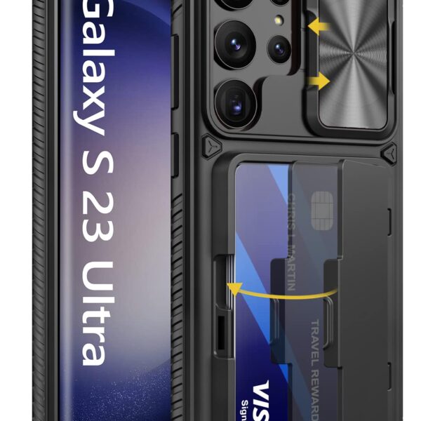 Vihibii for Samsung Galaxy S23 Ultra Back Cover with Card Holder (4 Cards) & Slide Camera Cover & Kickstand, Rugged Hard Back & TPU Soft Edge Case for Galaxy S23 Ultra 5G 6.8" 2023, Black