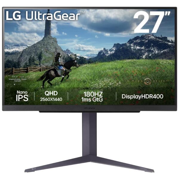 LG 27GS85Q Ultragear Gaming Monitor, 27", QHD, 2560 x 1440, Nano IPS, 1ms (GtG), 180Hz, NVIDIA G-SYNC Compatible, AMD FreeSync, HDR 400, Tilt/Height/Pivot Stand, HDMI, DP, HP Out, Black