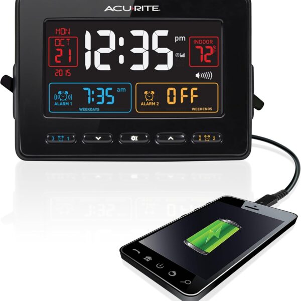 AcuRite 13024 Atomic Dual Alarm Clock with USB Charging, Black