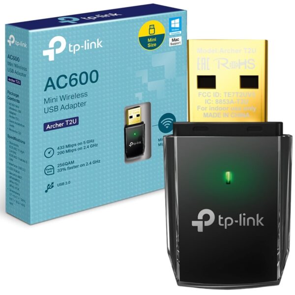 TP-Link Archer T2U Ac600 USB 2.0,433 Mbps WiFi Wi-Fi Speed Wireless Dual Band USB Adapter for Pc,Desktop,Laptop and Tablet(Supports Windows Xp/7/8/8.1/10/11,Mac Os 10.15 and Earlier,Linux,Black