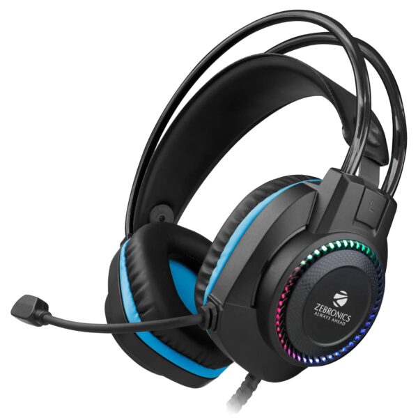 ZEBRONICS Jet Premium Wired Gaming On Ear Headphone with LED Light for earcups, 40mm Neodymium Drivers, 2 Meter Braided Cable, Flexible mic, Suspension Headband, 3.5mm + USB Connector (Black + Blue)