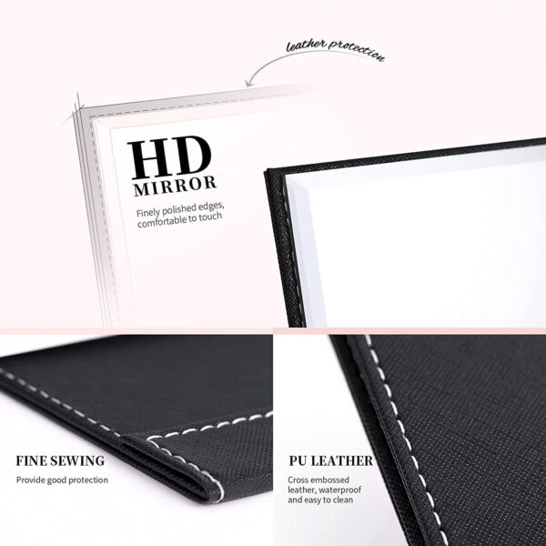 Cathiya Sales Folding Mirror Round Compact Mirror, PU Leather Portable Adjustable Rectangular Ultrathin Mackup Mirror, Makeup Mirror with Stand for Office Desk, Vanity, Table, Travel (Black) (1 Pcs)