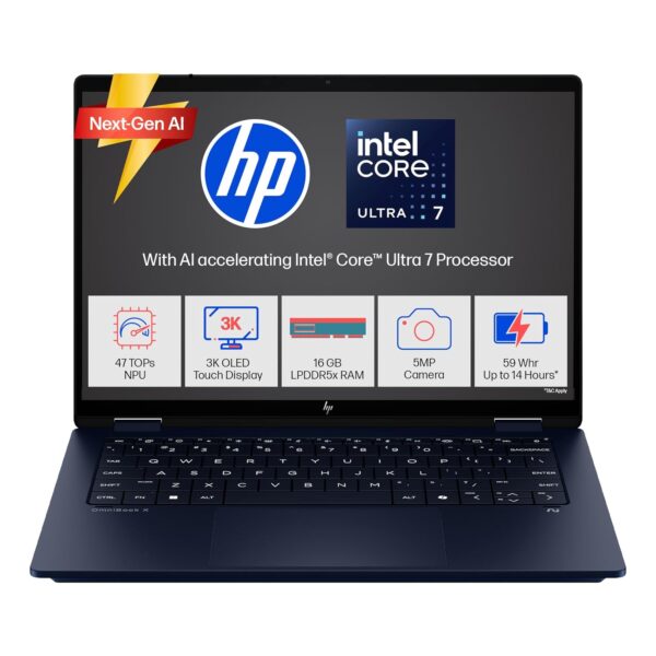 HP OmniBook X Flip (Previously Envy), Intel Core Ultra 7 256V Next Gen AI Laptop, 47 Tops, (16GB LPDDR5X,512GB SSD) 3K,OLED, 0.2ms, 14''/35.6cm Touch, Win11, Office24, Blue,1.38kg,5MP Camera, fm0026TU
