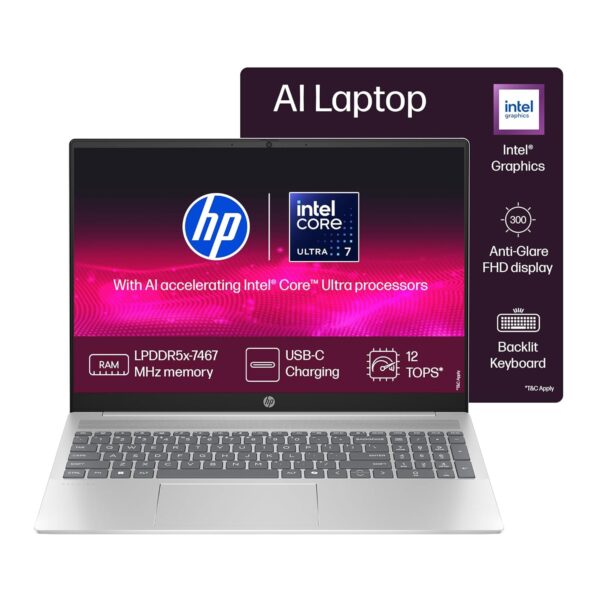 HP Pavilion, Intel Core Ultra 7-155U AI Laptop, 10-12 Tops, (16GB RAM, 512GB SSD), IPS, WUXGA, Anti-Glare, 16"/40.6cm, Win 11, Office 2021, Silver, 1.77Kg, Intel Graphics, 1080p FHD Camera, af0028TU