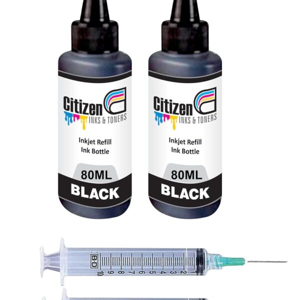 Universal Refill Ink for Ink Cartridge Refilling | Compatible for All Inkjet Printers | Perfect Vibrant Shades | High Page Yeild + Syringe - 80ml Per Bottle (2 Black ink 2 syringe)